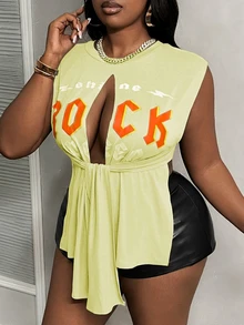 Slaydiva Slayr Plus Size Streetwear Sexy Sleeveless Ripped Knotted Letter Print Vest For Women Going Out Light Yellow Summer - Light Yellow - View 6