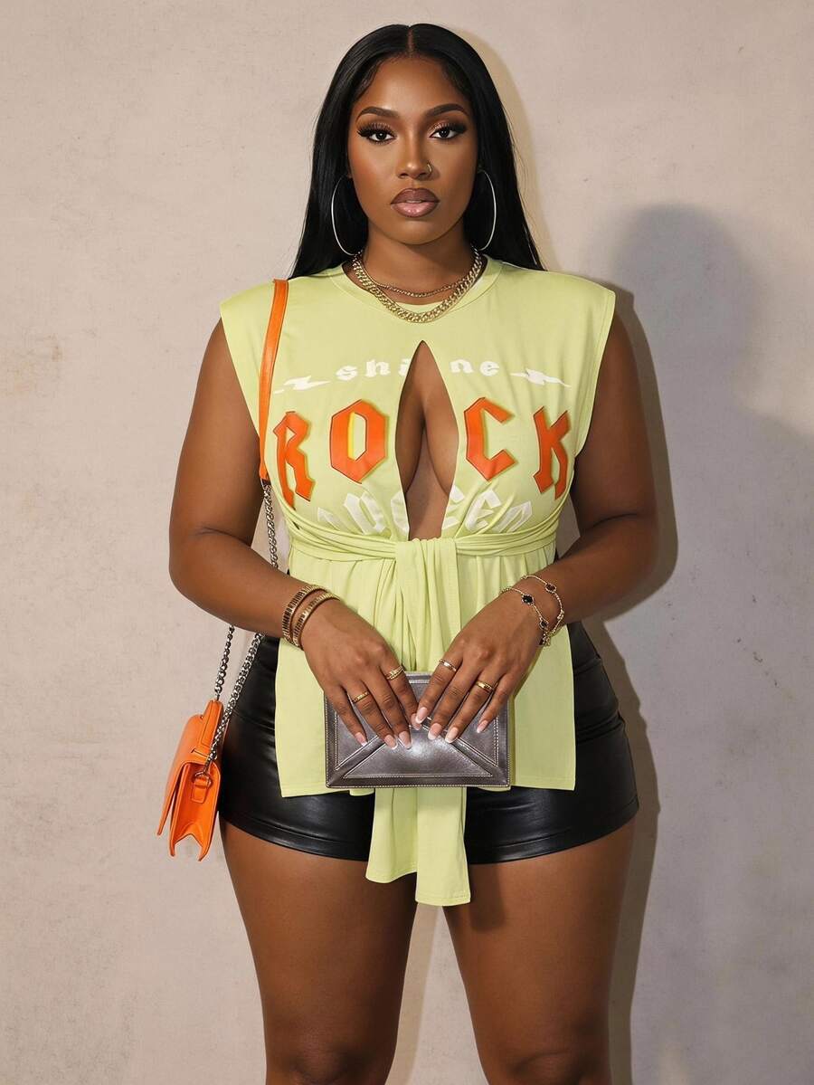 Slaydiva Slayr Plus Size Streetwear Sexy Sleeveless Ripped Knotted Letter Print Vest For Women Going Out Light Yellow Summer - Light Yellow - View 1