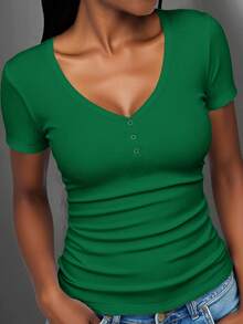 Slaydiva Plus Size Women Solid Color Ruched Fitted Versatile Daily Casual Anti Social Short Sleeve T-Shirt Formal Vacation Emerald Green Summer - Green - View 5
