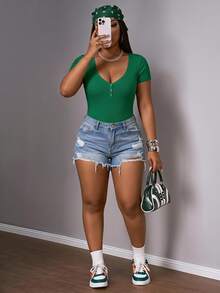 Slaydiva Plus Size Women Solid Color Ruched Fitted Versatile Daily Casual Anti Social Short Sleeve T-Shirt Formal Vacation Emerald Green Summer - Green - View 1