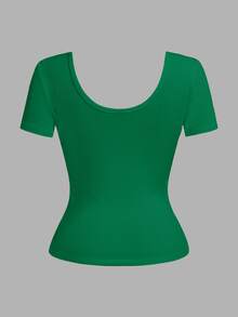 Slaydiva Plus Size Women Solid Color Ruched Fitted Versatile Daily Casual Anti Social Short Sleeve T-Shirt Formal Vacation Emerald Green Summer - Green - View 2