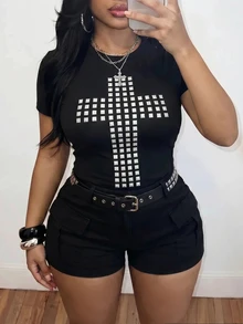 Slaydiva Spring Summer Styles Music Festivals Easter St. Patrick's Day Western 90s Graduation Concert Preppy Student Everyday Casual Slim Fit Black T-Shirt - Black - View 5