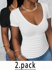 Slaydiva Spring Summer Women's Plus Size Deep V-Neck Knit Ribbed Short Sleeve T-Shirt Multi-Piece Set Black White High Elasticity Casual Simple Normal Office - Black and White - View 3