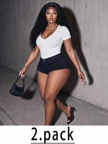 Slaydiva Spring Summer Women's Plus Size Deep V-Neck Knit Ribbed Short Sleeve T-Shirt Multi-Piece Set Black White High Elasticity Casual Simple Normal Office - Black and White - View 2