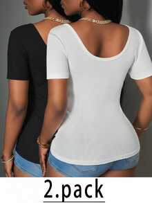 Slaydiva Spring Summer Women's Plus Size Deep V-Neck Knit Ribbed Short Sleeve T-Shirt Multi-Piece Set Black White High Elasticity Casual Simple Normal Office - Black and White - View 4