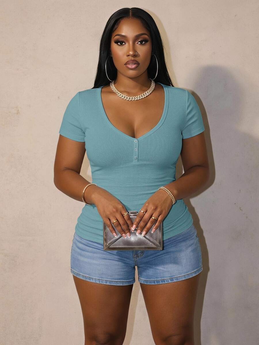 Slaydiva Plus Size Women's Solid Color Ruched Fitted Casual Baggy Sexy Short Sleeve T-Shirt Date Night Dusty Blue Summer Formal Vacation Birthday - Mint Green - View 1