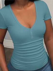 Slaydiva Plus Size Women's Solid Color Ruched Fitted Casual Baggy Sexy Short Sleeve T-Shirt Date Night Dusty Blue Summer Formal Vacation Birthday - Mint Green - View 6