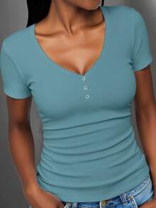 Slaydiva Plus Size Women's Solid Color Ruched Fitted Casual Baggy Sexy Short Sleeve T-Shirt Date Night Dusty Blue Summer Formal Vacation Birthday - Mint Green - View 5