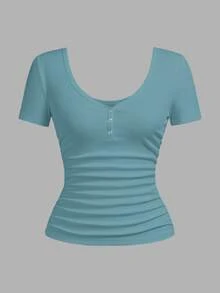 Slaydiva Plus Size Women's Solid Color Ruched Fitted Casual Baggy Sexy Short Sleeve T-Shirt Date Night Dusty Blue Summer Formal Vacation Birthday - Mint Green - View 3