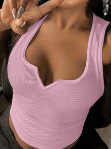 Slaydiva Plus Size Women Solid Color V-Neck Sleeveless Casual Tank Top, Suitable For Summer - Pink - View 5