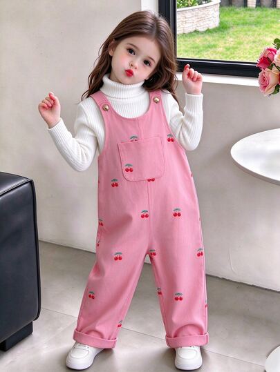 SHEIN YOUNG Girls Toddler Cherry Print Casual Overalls Jumpsuit Romper Deep Pink Sleeveless Bib Pants Front Chest Pocket Single Piece Outfit White Summer