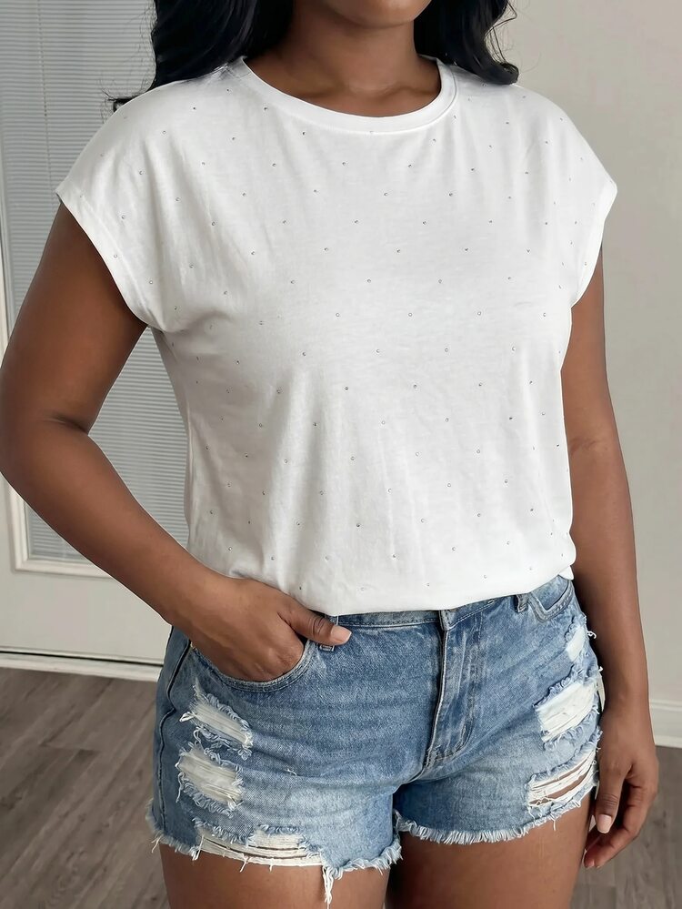 Slaydiva Plus Size Summer Casual Soft Form Decent Rhinestone Decor T-Shirt Business Allover White Date Night Formal Nuit - White - View 4
