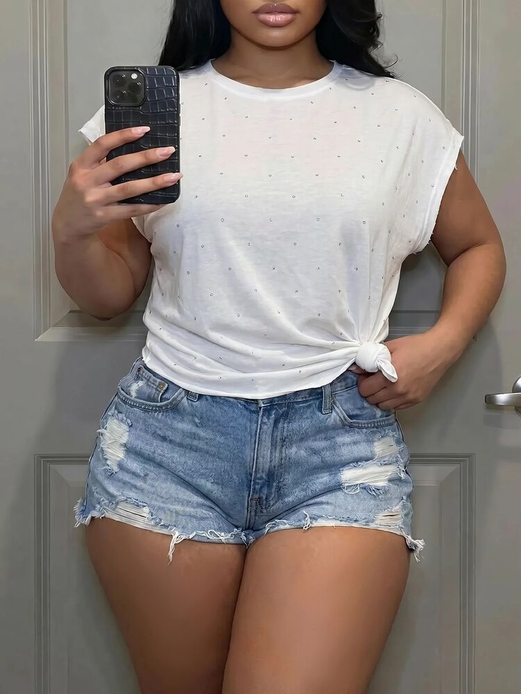Slaydiva Plus Size Summer Casual Soft Form Decent Rhinestone Decor T-Shirt Business Allover White Date Night Formal Nuit - White - View 8