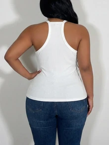 Slaydiva Top de tirantes ajustado con fruncido de unicolor para mujer de talla grande, camisola casual y sexy para salir, top versátil de uso diario para curvas - Blanco y Negro - Ver 3