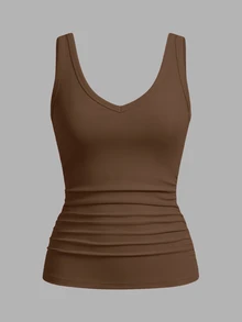 Slaydiva 3pcs/Pack Black, White & Brown Ribbed Deep V-Neck Camisole For Women, Suitable For Summer Back To School - Multicolor - View 10