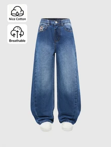 SHEIN 男童牛仔長褲，四季皆宜，柔軟棉質，休閒街頭風，彈性腰頭，口袋貼布設計，寬鬆錐形剪裁，中藍色水洗褲 - 中等水洗藍 - 查看 6