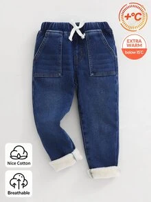 SHEIN Vintaside Kids 男童丹寧長褲，秋冬款，抓絨內裡，柔軟棉質，休閒時尚百搭，極簡風，全鬆緊腰頭，裝飾抽繩，複合膚色仿超絨面料，柔軟舒適，修身彈性，深藍水洗丹寧長褲，適合日常穿著與度假 - 深色水洗藍 - 查看 3