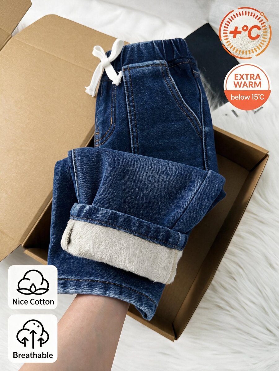SHEIN Vintaside Kids 男童丹寧長褲，秋冬款，抓絨內裡，柔軟棉質，休閒時尚百搭，極簡風，全鬆緊腰頭，裝飾抽繩，複合膚色仿超絨面料，柔軟舒適，修身彈性，深藍水洗丹寧長褲，適合日常穿著與度假 - 深色水洗藍 - 查看 1