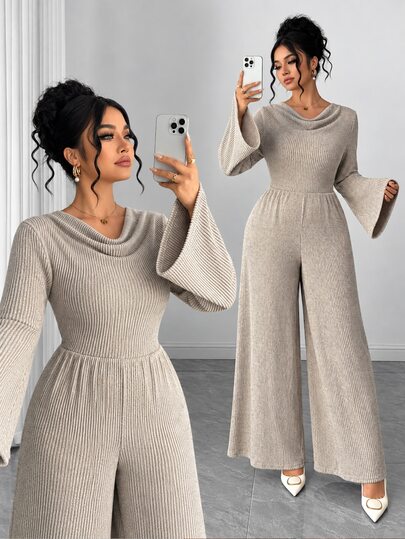GlowEve CURVE Damen-Jumpsuit in großen Größen für den Herbst, elegant, mit Wasserfallkragen, ausgestellten langen Ärmeln, hoher Taille, elastischem Strick, drapiertem weitem Bein, schlankmachend, gerippt, für den Pendleralltag