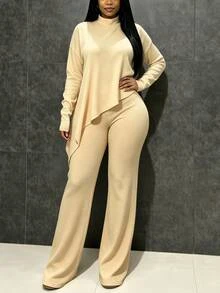 INAWLY Solva Women's Solid Color Stand Collar Long Sleeve Top And Pants Casual Daily 2 Pieces Set - Apricot - View 2
