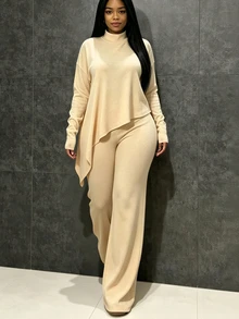 INAWLY Solva Women's Solid Color Stand Collar Long Sleeve Top And Pants Casual Daily 2 Pieces Set - Apricot - View 1