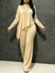 INAWLY Solva Women's Solid Color Stand Collar Long Sleeve Top And Pants Casual Daily 2 Pieces Set - Apricot - View 3