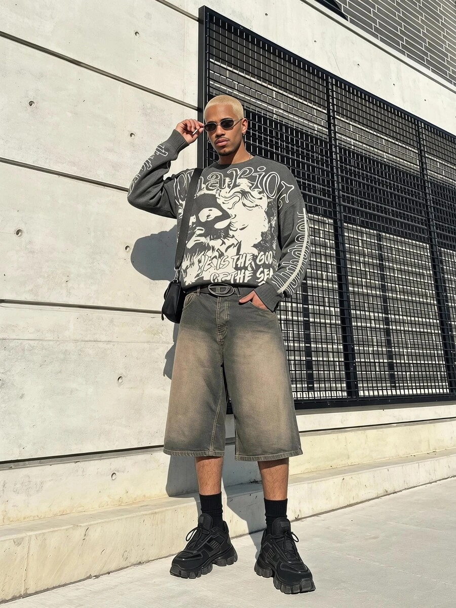 Manfinity LEGND 男式圆领长袖图案细节休闲毛衣 - 彩色 - 查看 1
