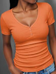 Slaydiva Plus Size Solid Color Minimalist Short Sleeve T-Shirt - Orange - View 5