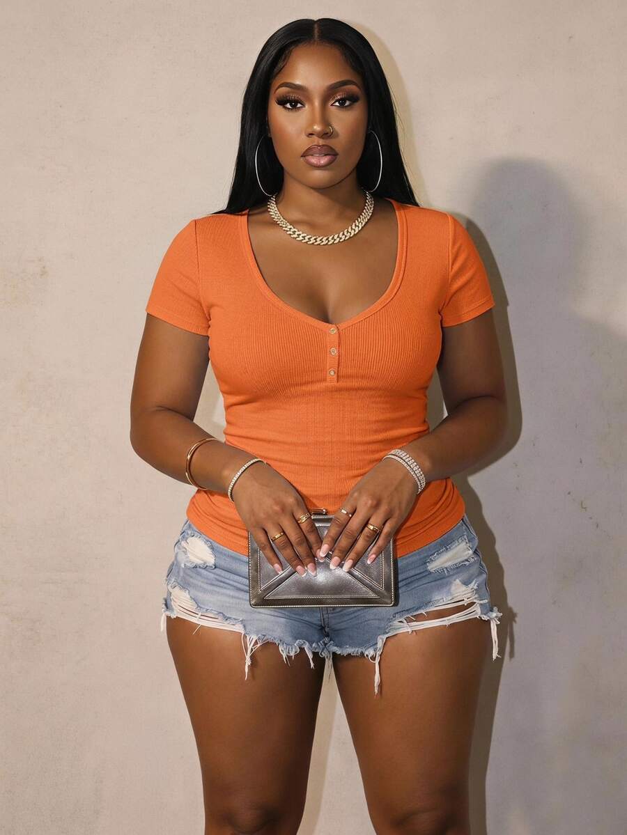Slaydiva Plus Size Solid Color Minimalist Short Sleeve T-Shirt - Orange - View 1