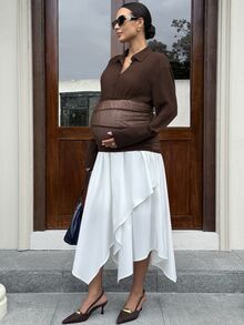 MaterniWear Maternity French Button Half-Placket Contrast Color Dress - Brown - View 8