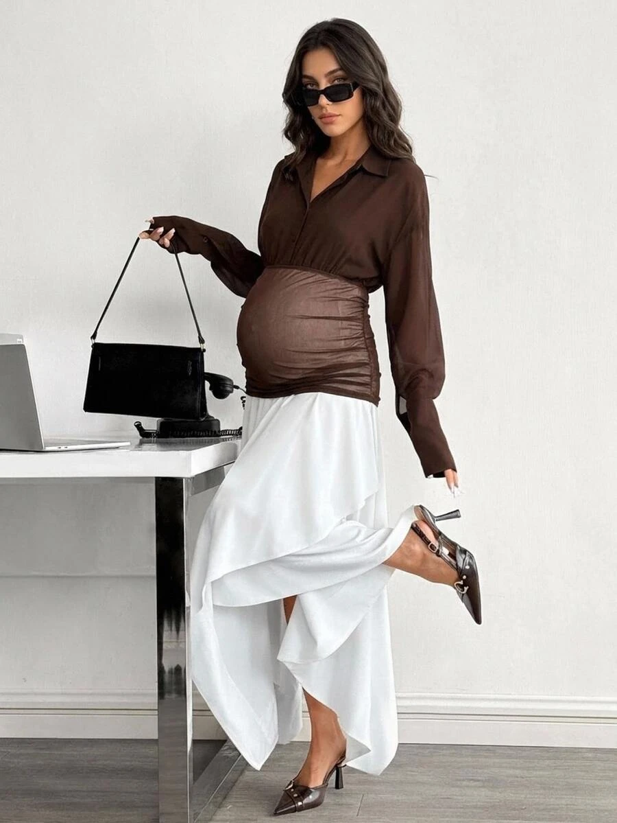 MaterniWear Maternity French Button Half-Placket Contrast Color Dress - Brown - View 1