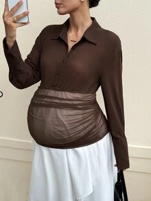 MaterniWear Maternity French Button Half-Placket Contrast Color Dress - Brown - View 6