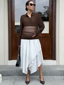MaterniWear Maternity French Button Half-Placket Contrast Color Dress - Brown - View 4