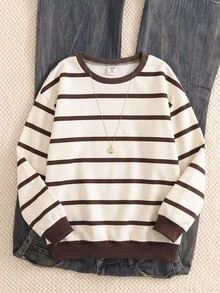 兒童青少年女孩秋季杏色條紋圓領休閒運動衫，日常街頭穿搭百搭款 - 彩色 - 查看 2