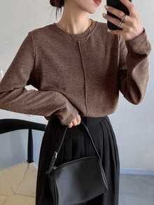 FRIFUL 女款素色卡其色圓領長袖寬鬆休閒百搭T恤，秋季 - 棕色 - 查看 4