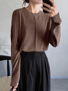 FRIFUL 女款素色卡其色圓領長袖寬鬆休閒百搭T恤，秋季 - 棕色 - 查看 3