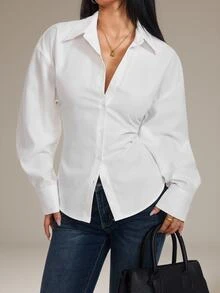 SHEIN PETITE Women's Court Style Lantern Sleeve Back Tie Waist Long Sleeve Blouse - White - View 7