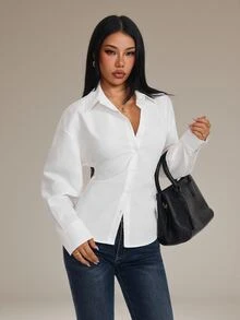 SHEIN PETITE Women's Court Style Lantern Sleeve Back Tie Waist Long Sleeve Blouse - White - View 2