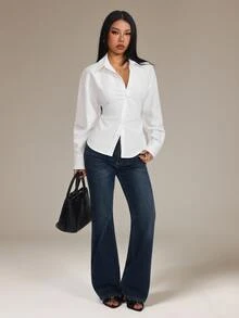 SHEIN PETITE Women's Court Style Lantern Sleeve Back Tie Waist Long Sleeve Blouse - White - View 5