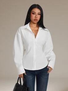 SHEIN PETITE Women's Court Style Lantern Sleeve Back Tie Waist Long Sleeve Blouse - White - View 3