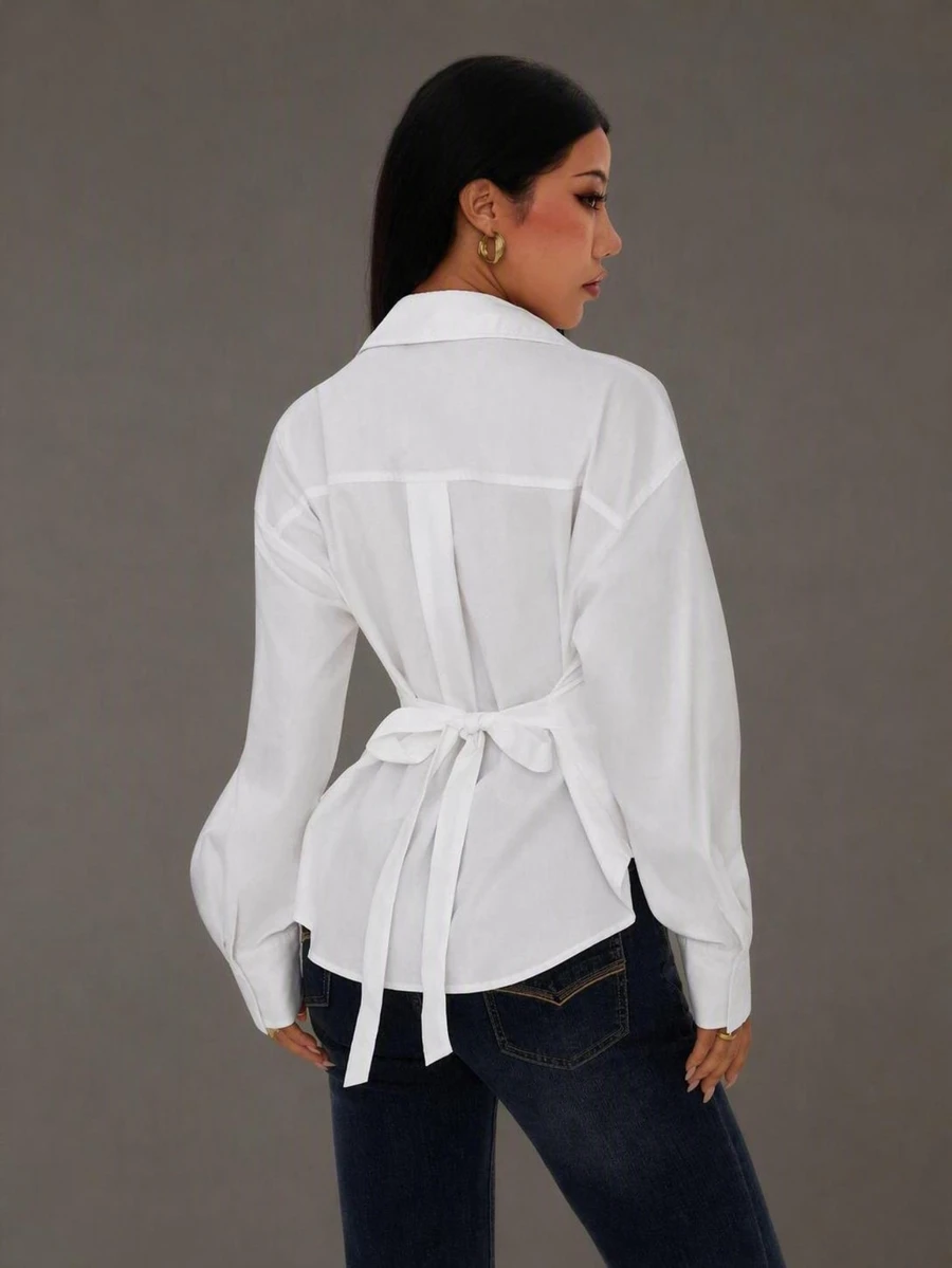 SHEIN PETITE Women's Court Style Lantern Sleeve Back Tie Waist Long Sleeve Blouse - White - View 1