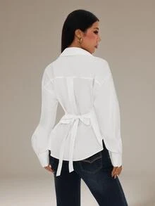 SHEIN PETITE Women's Court Style Lantern Sleeve Back Tie Waist Long Sleeve Blouse - White - View 8