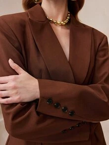 Arave Blazer Wanita Bahu Lebar Potongan Ramping Panjang Sedang Kancing Ganda Kerah Berlekuk Saku Berpenutup Warna Cokelat Modern Pakaian Musim Gugur untuk Wanita Natal - Hitam - View 9