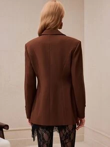 Arave Blazer Wanita Bahu Lebar Potongan Ramping Panjang Sedang Kancing Ganda Kerah Berlekuk Saku Berpenutup Warna Cokelat Modern Pakaian Musim Gugur untuk Wanita Natal - Hitam - View 5