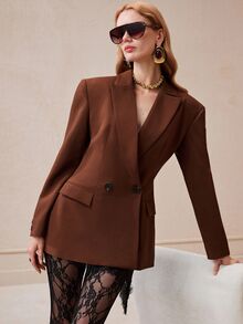 Arave Blazer Wanita Bahu Lebar Potongan Ramping Panjang Sedang Kancing Ganda Kerah Berlekuk Saku Berpenutup Warna Cokelat Modern Pakaian Musim Gugur untuk Wanita Natal - Hitam - View 6