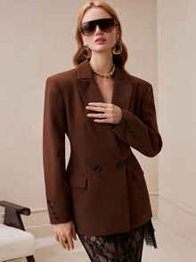 Arave Blazer Wanita Bahu Lebar Potongan Ramping Panjang Sedang Kancing Ganda Kerah Berlekuk Saku Berpenutup Warna Cokelat Modern Pakaian Musim Gugur untuk Wanita Natal - Hitam - View 8