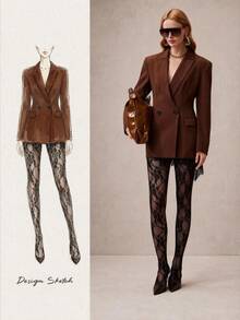 Arave Blazer Wanita Bahu Lebar Potongan Ramping Panjang Sedang Kancing Ganda Kerah Berlekuk Saku Berpenutup Warna Cokelat Modern Pakaian Musim Gugur untuk Wanita Natal - Hitam - View 1