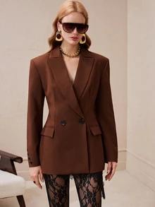 Arave Blazer Wanita Bahu Lebar Potongan Ramping Panjang Sedang Kancing Ganda Kerah Berlekuk Saku Berpenutup Warna Cokelat Modern Pakaian Musim Gugur untuk Wanita Natal - Hitam - View 4