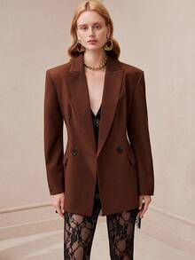 Arave Blazer Wanita Bahu Lebar Potongan Ramping Panjang Sedang Kancing Ganda Kerah Berlekuk Saku Berpenutup Warna Cokelat Modern Pakaian Musim Gugur untuk Wanita Natal - Hitam - View 7