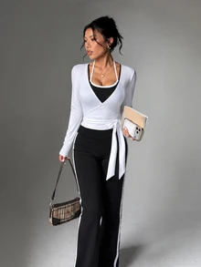 FavEase 3pcs Women's Autumn/Winter Sports Athleisure Athletic Modest Set, Black And White, Jacket With Drawstring Long Sleeve Top, 2 In 1 Spaghetti Strap Top - Multicolor - View 7